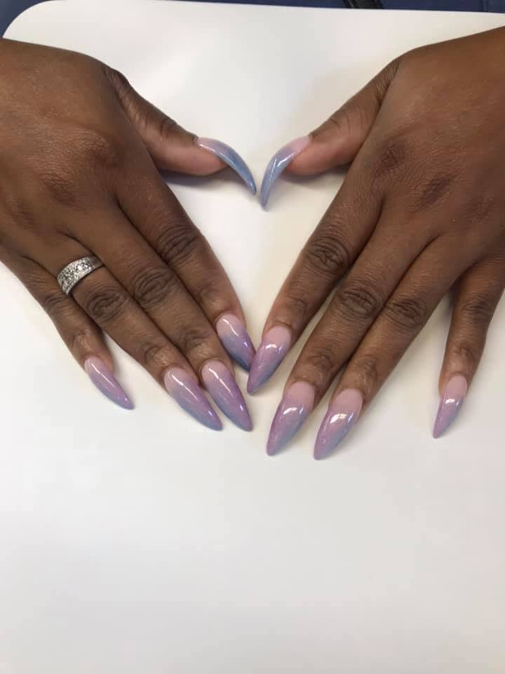 Ombré lilac and blue stiletto nail art